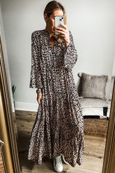 Leopard Notched Long Sleeve Maxi Dress OutfitFlow